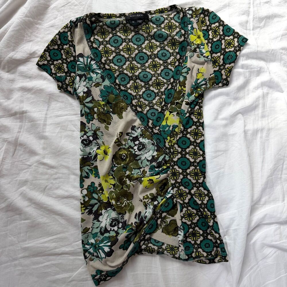 Y2k Karen Kane Made in the USA Mesh Green Floral Cinched Waist Blouse - M